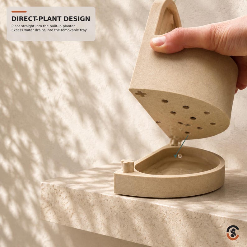Beige 3D-printed bookend planter with a hidden drip tray; hand pours water into the circular base.