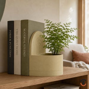 A light beige bookend planter with a small fern, holding up three books with spines reading "FORM & FUNCTION," "THE QUIET HOME," and "MATERIAL STUDIES."