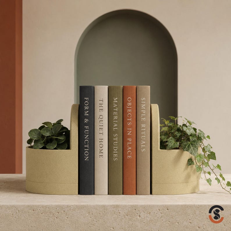 Two light beige bookend planters, each with a green plant, holding up five books with spines reading "FORM & FUNCTION," "THE QUIET HOME," "MATERIAL STUDIES," "SIMPLE RITUALS," and "OBJECTS IN PLACE."
