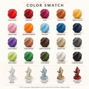 A grid of 24 color swatches, each showing a small 3D-printed, ribbed, spherical object in various colors, with color names below each.