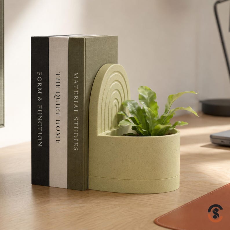 A light beige bookend planter with a small green plant, holding up three books with spines reading "FORM & FUNCTION," "THE QUIET HOME," and "MATERIAL STUDIES."