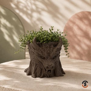 May include: A dark brown planter shaped like a stylized wolf or dragon head with intricate fur and scale textures. The vessel features a wide opening at the top, currently filled with a trailing green succulent plant with small round leaves.