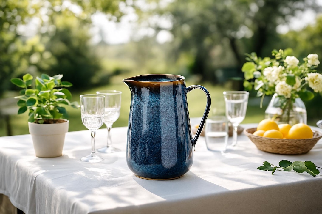 Enamelled Ceramic Carafe – Handmade Vintage Pitcher, Large 1.7L Capacity, Multifunctional Decorative Vase for Kitchen and Table