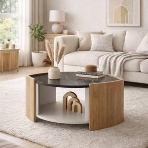 Puede incluir: Una mesa de centro moderna con una tapa negra con aspecto de mármol y detalles en madera clara. La mesa tiene un diseño único de media luna con un estante blanco y arcos decorativos de madera. Se encuentra sobre una alfombra clara.