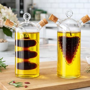 Könnte beinhalten: Zwei transparente Öl- und Essigspender mit Korken stehen auf einem Holzschneidebrett. Ein Spender hat ein geschichtetes Design, der andere ein traubenförmiges Design. Die Spender sind mit gelbem Öl und dunklem Essig gefüllt.