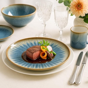 Peut inclure: Une table joliment dressée avec de la vaisselle en céramique bleue et marron, dont un bol, une assiette et une tasse. Le centre de table présente une assiette avec un steak et des légumes, accompagnée de verres en cristal, d'argenterie et d'une composition florale.