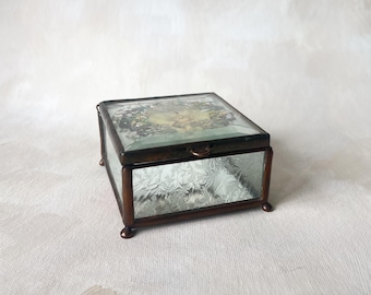 Etched Glass Jewelry Box with Pressed Flower Lid
