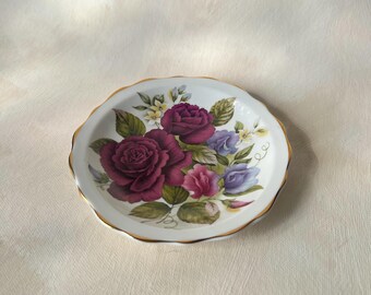 Burgundy Rose Ring Dish with Gold Trim