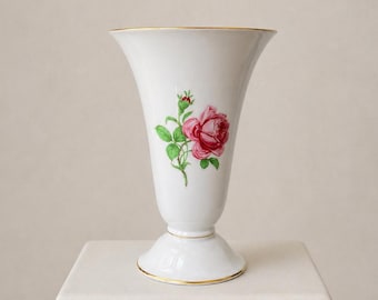 Tall Porcelain Vase With Floral Detail & Gold Trim
