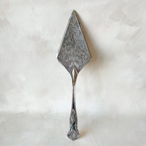 May include: A silver-toned metal cake server featuring an intricate, embossed floral and scrollwork pattern across the triangular blade. The handle is slender with a polished finish and a decorative shell-like motif at the base of the grip.