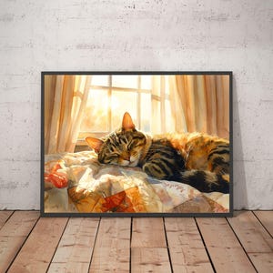 Sleeping Cat in Warm Sunlight – Cozy Watercolor Cat Printable | Sunlit Window Illustration | Calm Cottagecore Wall Art