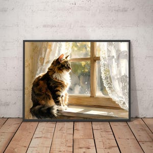 Cat by the Window in Morning Light – Cozy Watercolor Cat Art Printable | Cottagecore Home Illustration | Calm Aesthetic Digital Download