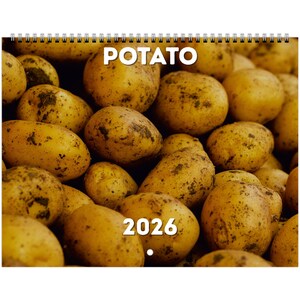 Puede incluir: Calendario encuadernado en espiral con un primer plano de numerosas patatas amarillas. La palabra "POTATO" está impresa en blanco en la parte superior, con "2026" en blanco en la parte inferior. Las patatas tienen manchas marrones.