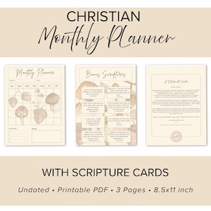 May include: A Christian monthly planner with scripture cards. The planner includes a monthly calendar, bonus scriptures, and notes pages. The text on the image says "Undated, Printable PDF, 3 Pages, 8.5x11 inch". The design is beige with mushroom illustrations.