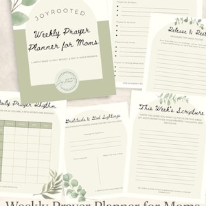 Könnte beinhalten: Eine Sammlung druckbarer Wochengebetplaner für Mütter. Die Seiten haben eine weiche, neutrale Farbpalette mit botanischen Akzenten. Der Planer enthält Abschnitte für Gebet, Reflexion und Schrift.