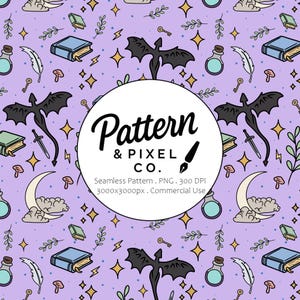 May include: A lavender seamless pattern with black dragons, books, keys, potions, stars, and moons. The text "Pattern & Pixel Co." is in a white circle. The pattern is labeled as seamless, PNG, 300 DPI, and 3000x3000px.