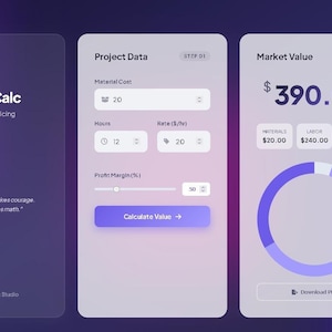 May include: A digital interface for CraftCalc, a pricing tool. The interface displays project data input fields, a calculation button, and a market value summary with a circular progress indicator. The total market value is £390.00.