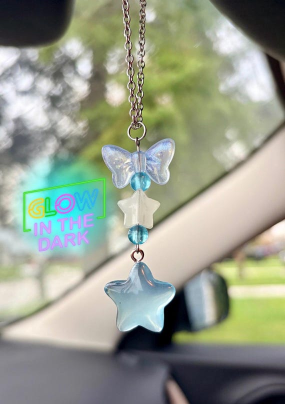 Glow in the Dark Star Car Mirror Dangler Accessory Kawaii Rearview Charm Cute Pink Blue Handmade Automotive Hanging Acrylic Glowing 4 Colors