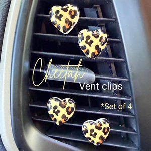 Cheetah Print Heart Shaped Car Vent Clips Cute Animal Print Automotive Accessories Handmade Girly Car Decor Leopard Accessory set of 4