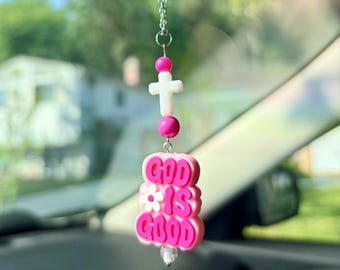 God is Good Car Mirror Dangler Accessory Pink Cross Charm Cute Faith Girly Car Decor Rearview Hanging Automotive Vehicle Accessories Gift