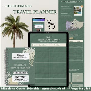 Peut inclure: Un planificateur de voyage numérique vert et blanc. L'image présente une tablette affichant un itinéraire de 7 jours, un téléphone avec un document de voyage et un carnet à spirales. Le texte comprend "The Ultimate Travel Planner" et "Printable Instant Download."
