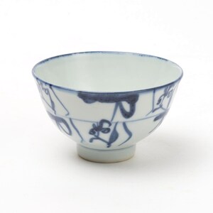May include: A small, white ceramic bowl with a blue floral pattern. The bowl has a rounded shape with a slightly flared rim and a small, circular foot. The blue design features stylized flowers and abstract shapes.