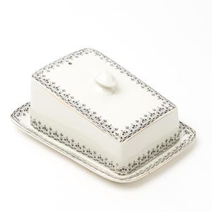 Antique Edwardian Butter/ Cheese  Dish – “Keswick” Opaque China – Black & White Transferware – c.1900–1920