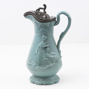 Antique Samuel Alcock Jug – Relief Moulded Ceramic Pitcher with Pewter Lid