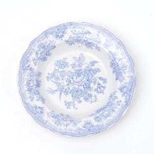 May include: A white ceramic plate with a blue floral pattern. The plate features a scalloped edge and a detailed design of flowers and birds. The blue and white colour scheme gives the plate a classic, vintage feel. Suitable for serving food or as a decorative item.