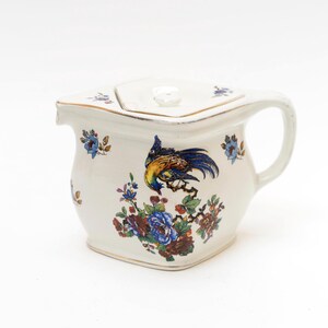 Antike Rubian Art Pottery Würfel-Teekanne | Staffordshire, England | Patentierte Art-déco-Teekanne | Vogelmuster | ca. 1928–1935