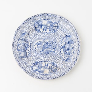 Piatto vintage William Adams con decorazione a trasferimento blu e bianco / Ceramica inglese in stile Chinoiserie / Motivo con uccelli cinesi / Staffordshire, Inghilterra, 1875
