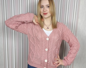 Hand-knitted cardigan sweater – cozy winter knitwear, soft merino wool sweater fisherman with buttons