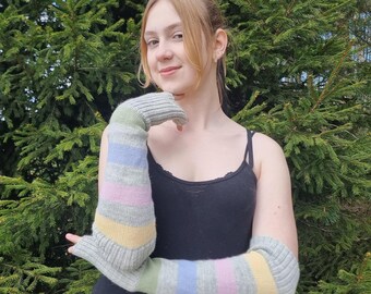 Alpaca Wool Fingerless Arm Warmers – Colorful Knit Wrist Warmers, Warm Breathable Long Gloves