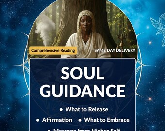 Puede incluir: Imagen digital con un fondo celestial azul y dorado. La imagen presenta a una persona con ropa blanca, con el texto "SOUL GUIDANCE" y viñetas: "What to Release", "Affirmation", "What to Embrace" y "Message from Higher Self".