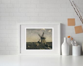 Vintage Windmill Landscape Poster | Matte Horizontal Print