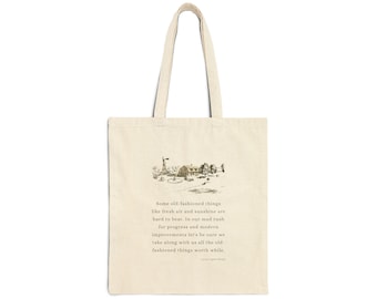 Vintage Cottage Illustration Tote Bag | Small Farmhouse Scene, Quote