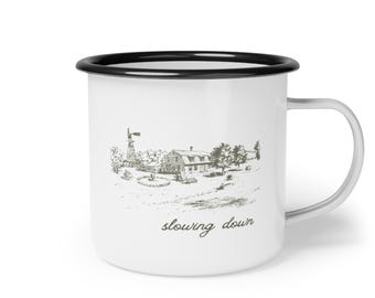 Slowing Down enamel camp cup | rustic cabin sketch, minimal nature mug