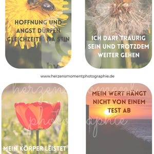 Op de afbeelding: Vier afbeeldingen met inspirerende citaten. Een paardenbloem, een bij op een gele bloem, een rode tulp en een zonsondergang. De tekst luidt: "Ik mag verdrietig zijn en toch verder gaan."