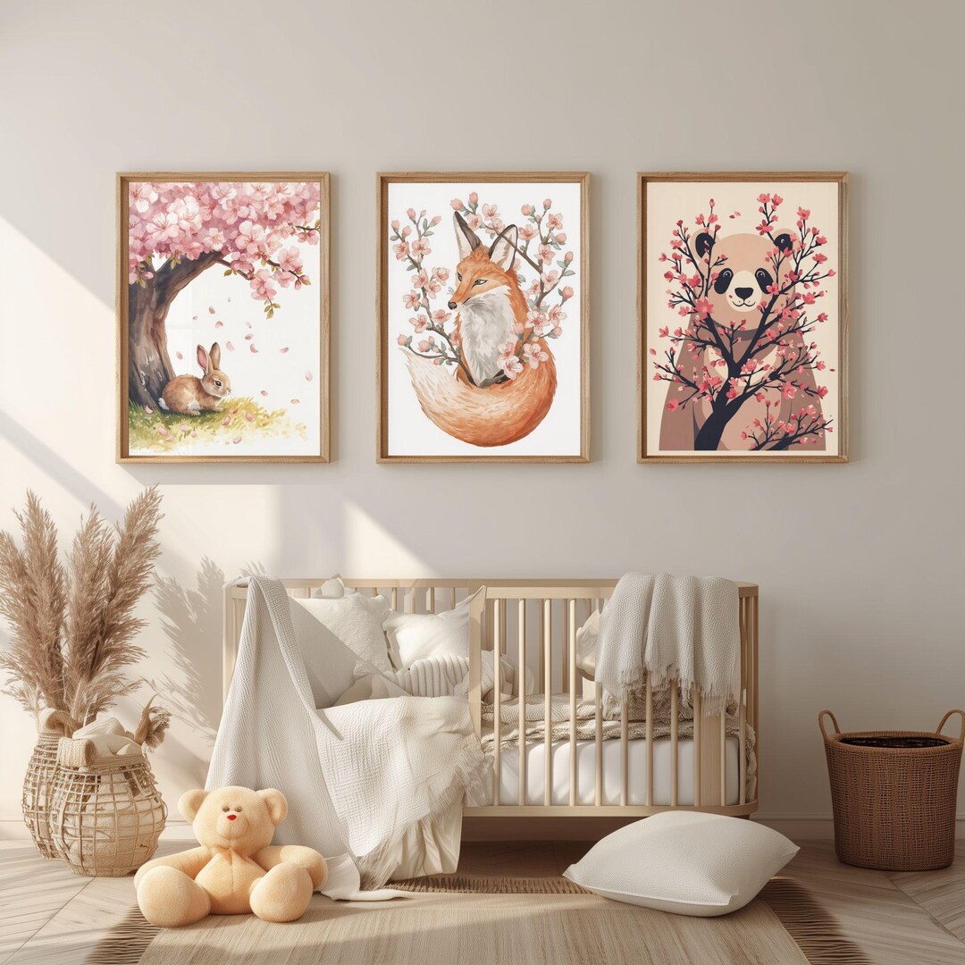 Safari Woodland Nursery Wall Art Set of 3, Baby Animal Prints Bunny Fox ...