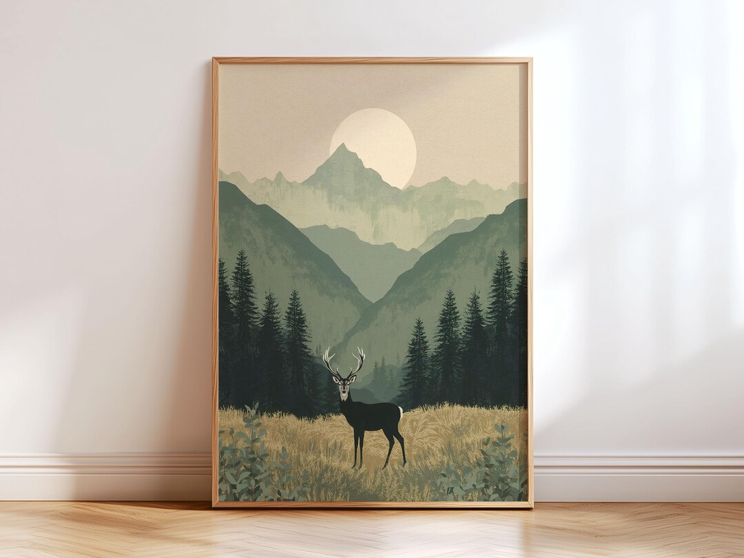 Woodland Deer Mountain Wall Art Print, Rustic Forest Landscape ...