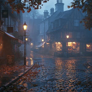 May include: A cobbled street at dusk lined with timber-framed buildings featuring glowing storefront windows. Fallen autumn leaves cover the wet ground, and tall black lampposts cast warm light onto the scene under a dim, overcast sky.