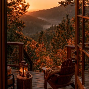 Könnte beinhalten: Eine Holzterrasse mit einem braunen Adirondack-Stuhl mit Decke, einem Baumstumpf-Beistelltisch mit Laterne und Tasse sowie Lichterketten, die einen Blick auf eine Waldlandschaft bei goldenem Sonnenuntergang mit verstreuten Herbstblättern bietet.