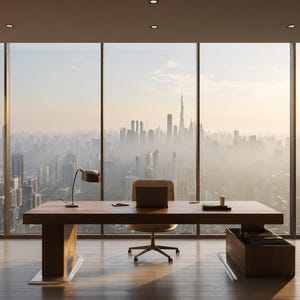 Luxury Penthouse Office Fog Desktop Wallpaper, Modern Workspace Aesthetic, City Skyline Fog View, 4K Computer Background
