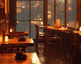 May include: Interior of a restaurant with wooden tables and chairs, viewed through a large window showing a rainy cityscape. A round paper lantern hangs from the ceiling, casting a warm glow. The scene is illuminated by soft, ambient lighting.