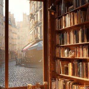 Op de afbeelding: Een gezellige leeshoek met uitzicht op een Europese straat. De kamer heeft een houten boekenkast vol boeken, een kleine tafel met een kopje koffie en een raam met uitzicht op een geplaveide straat.