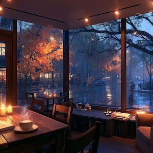 Puede incluir: Un espacio interior acogedor con una mesa de madera, un libro abierto, una taza humeante y tres velas encendidas. Una gran ventana da a una calle lluviosa con árboles de color naranja al atardecer. Hay una estantería llena de libros.