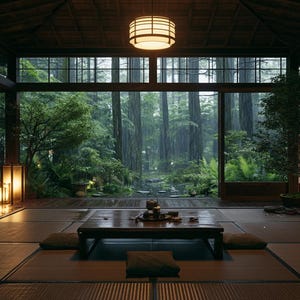 Può includere: Una serena stanza in stile giapponese con un tavolino basso per il tè, circondata da stuoie tatami e porte scorrevoli di carta. Grandi finestre offrono una vista su una lussureggiante foresta verde. Una lanterna sospesa illumina lo spazio.