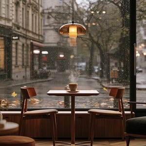 May include: A small wooden table with a steaming cup of coffee sits in front of a large window overlooking a rainy city street. Two wooden chairs are positioned at the table, illuminated by a warm, amber-toned pendant light hanging from above.