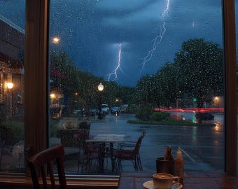Rainy Night Cafe Desktop Wallpaper Set • Cozy Cinematic Backgrounds (Digital Download)