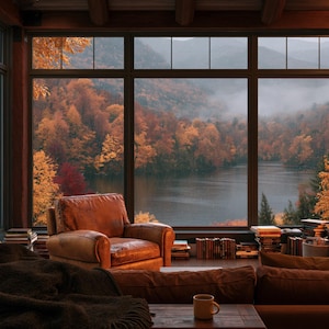 May include: A cosy living room featuring a brown leather armchair, a large sofa with a dark throw blanket, and a stone fireplace with a burning fire. Large windows reveal a scenic view of a lake surrounded by autumn trees with orange foliage.